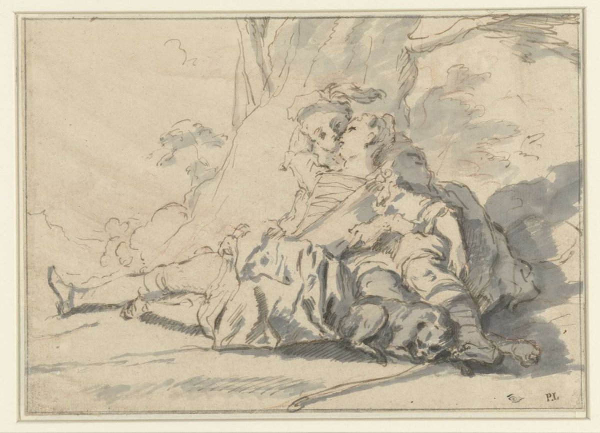 Loving couple in a landscape, anonymous, 1700 - 1800