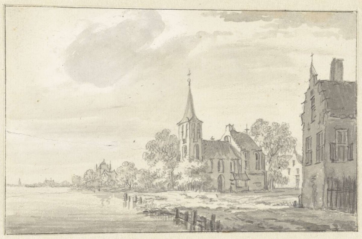 Village church and houses on a river, Pieter Jan van Liender, 1745 - 1784