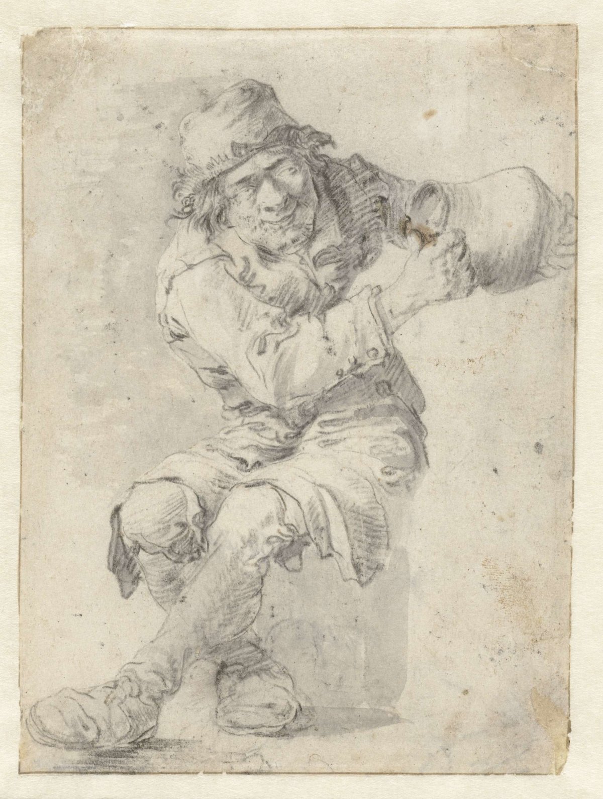 Seated farmer with pitcher, anonymous, 1600 - 1699