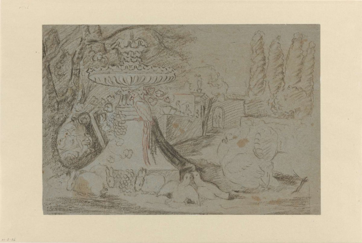 Park with a fountain with various animals, David de Coninck, 1646 - 1695