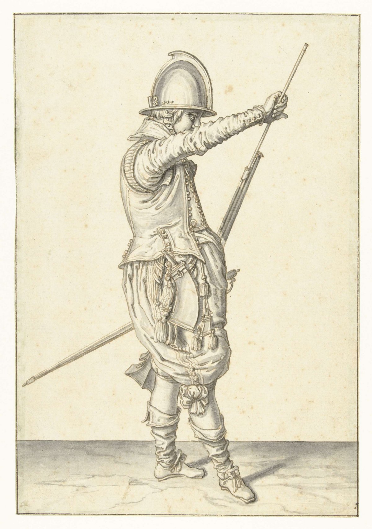 Soldier removing his ramrod from its holder under the barrel of his helm, Jacques de Gheyn (II), 1596 - 1606