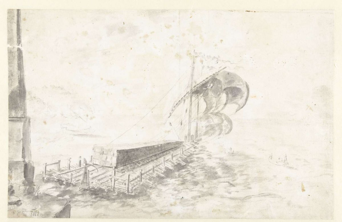 Harbour Scene with an Obelisk Being Transported on a Wooden Raft, Guilliam du Gardijn, 1605 - 1647