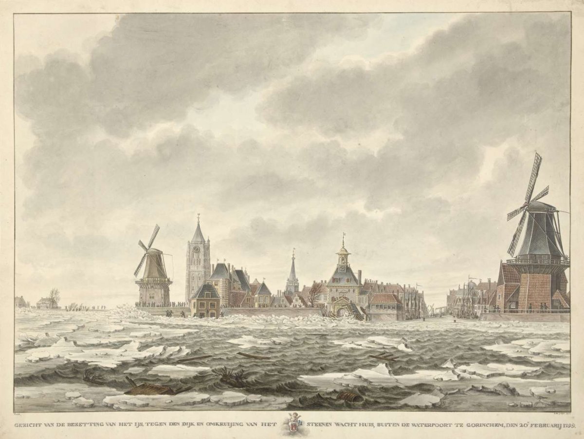 View of the occupation of the ice outside the Waterpoort at Gorinchem, den 20.n Februarij 1799, Cornelis de Jonker, 1807