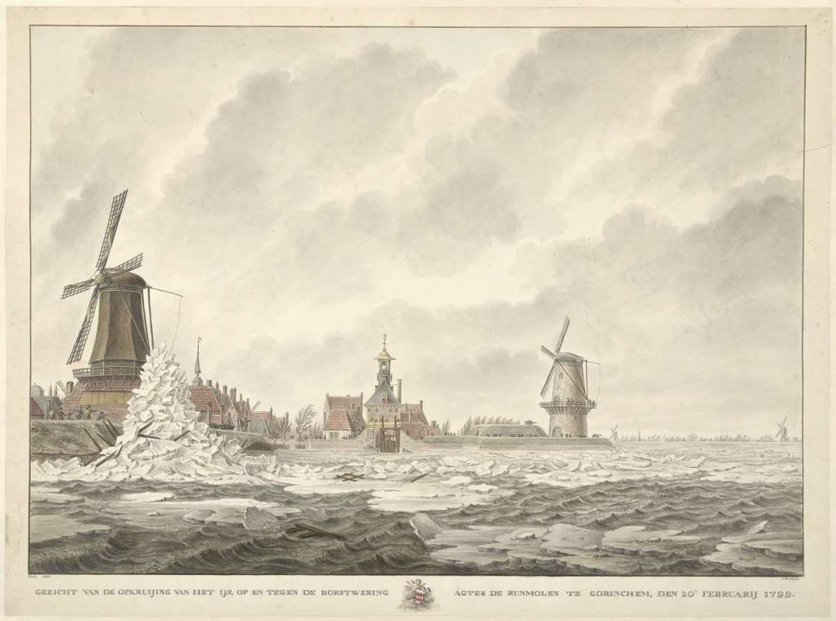 View of the advance of the ice, on and against the parapet behind the Runmolen at Gorinchem, February 20, 1799, Cornelis de Jonker, 1807
