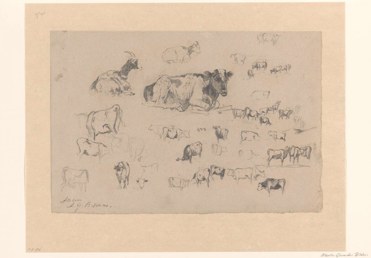 Sketch sheet with studies of cows and two goats, Gerard Bilders, 1848 - 1865