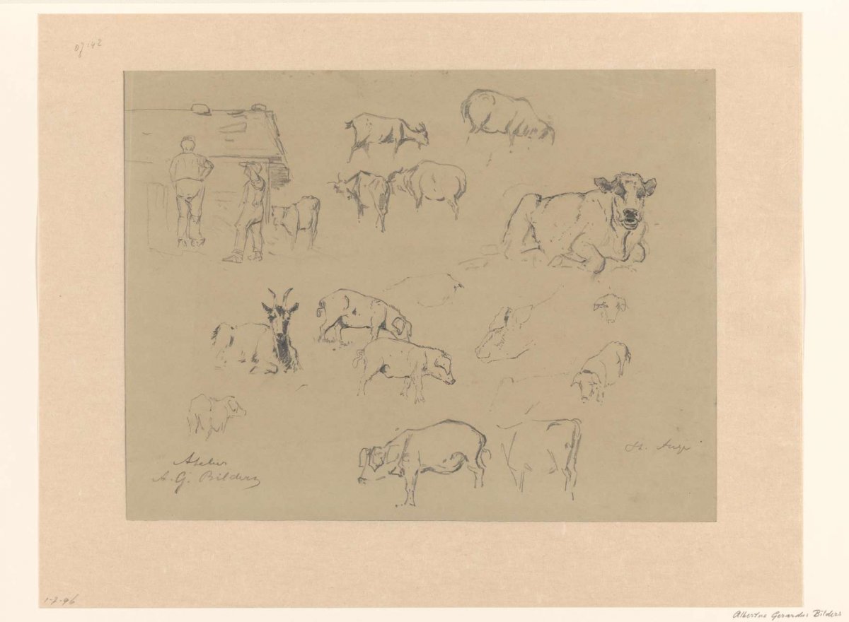 Sketch sheet with studies of cows, pigs, goats and a few farmers, Gerard Bilders, 1848 - 1865