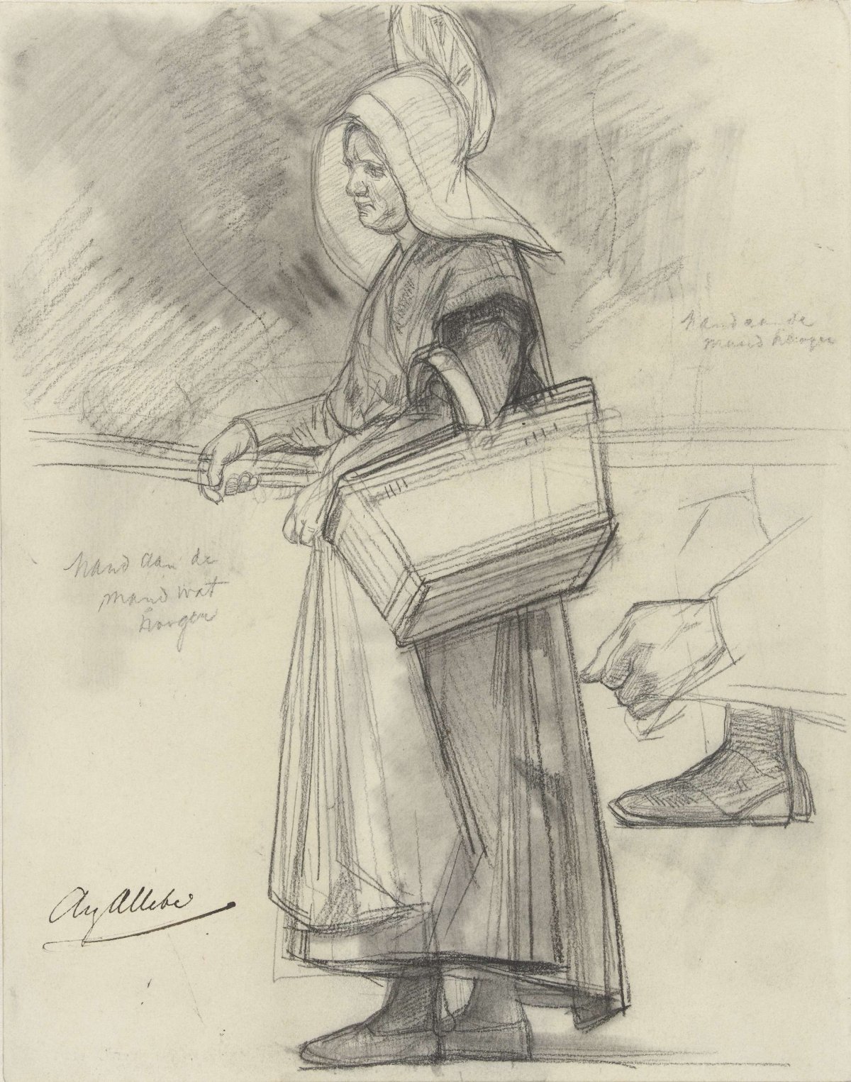 Study of a standing peasant woman with a basket, August Allebé, 1848 - 1907