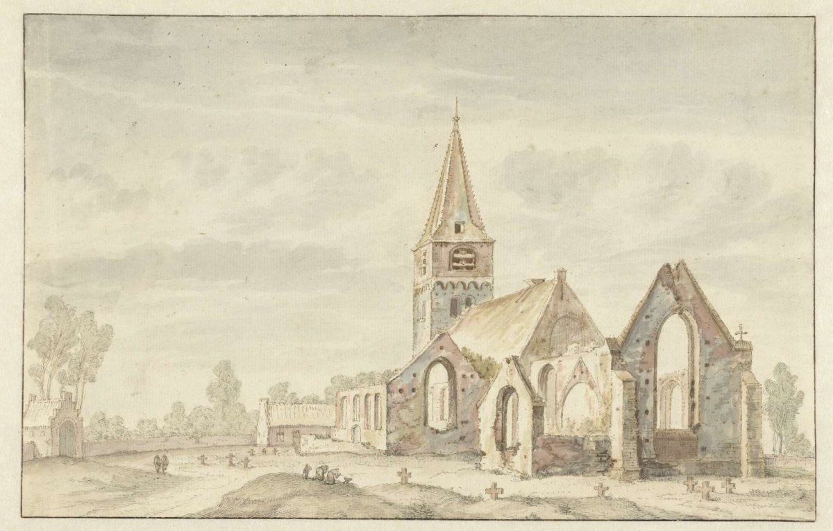 Church next to the ruins of an old church at Velsen, anonymous, 1600 - 1800