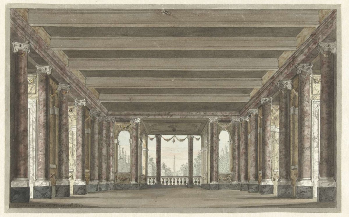 Design for a stage set of a colonnade with loggia, Pieter Barbiers (I), 1779
