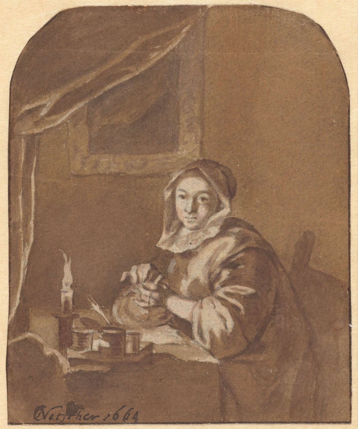 Lady sitting at table, Caspar Netscher, 1649 - 1684