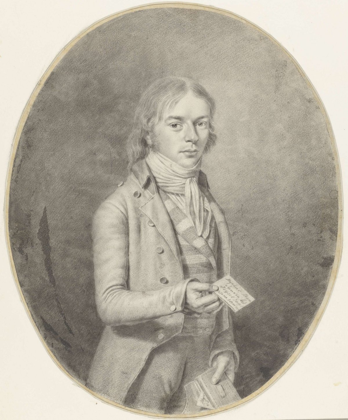 Portrait of young man with letter (M. van den Bos?), anonymous, c. 1700 - c. 1800