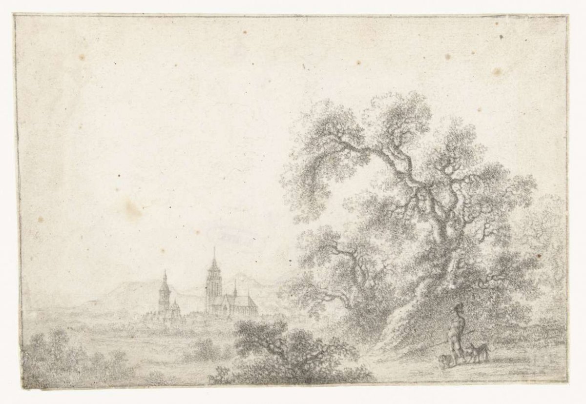 Landscape with hunter and a town in the distance, Gilles Neyts, 1633 - 1687