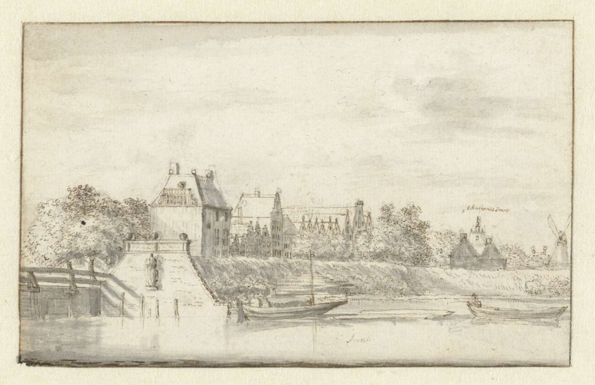 Old marina in Amsterdam, on the right the Sint Antoniespoort, Jan Gabrielsz. Sonjé, 1635 - 1707