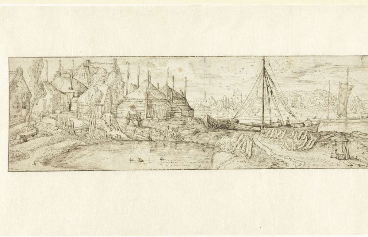 Village by a river, Jan van de Velde (II), 1603 - 1620