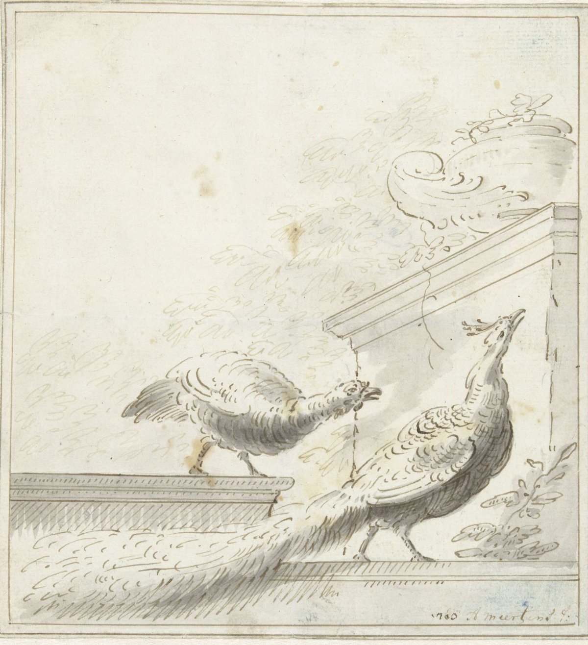Design for a room decoration with peacocks on a balustrade, Abraham Meertens, 1785