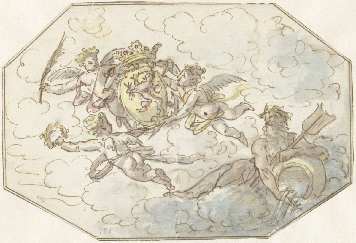 Allegory with putti with coat of arms and stream god, anonymous, 1700 - 1800