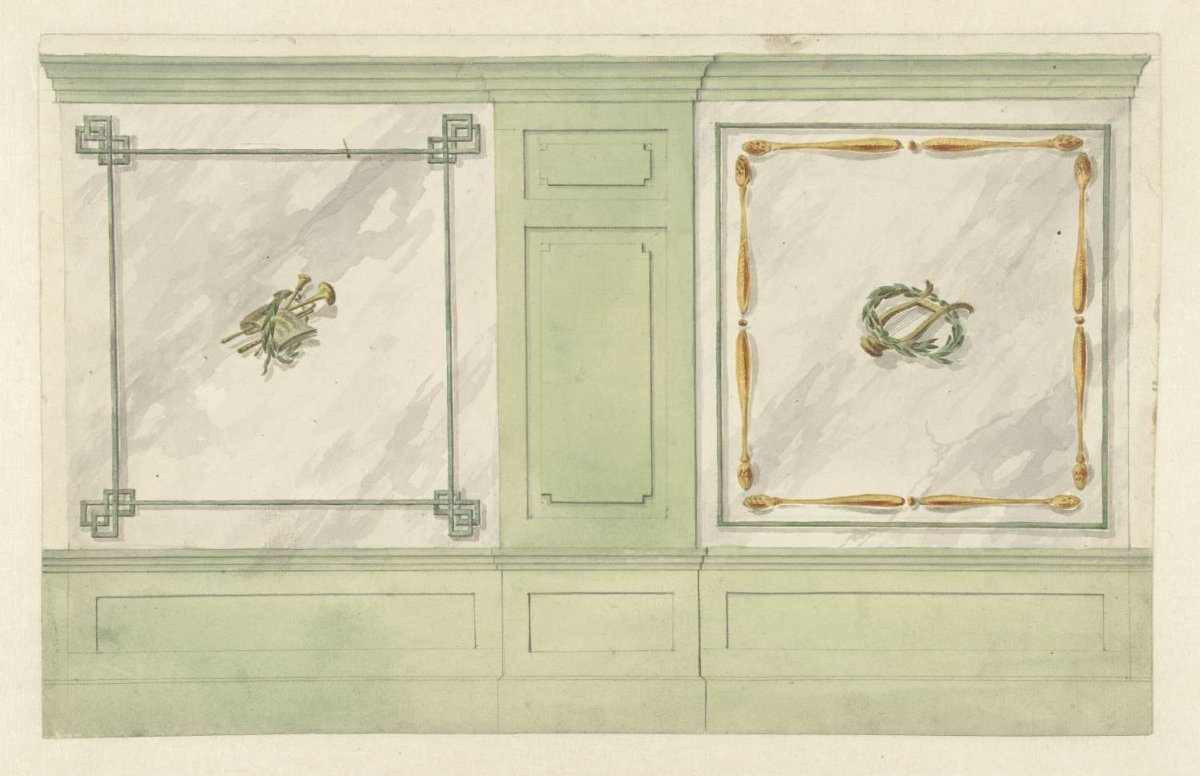 Design for room decoration with two panels with ornaments of musical instruments, Abraham Meertens, 1767 - 1823