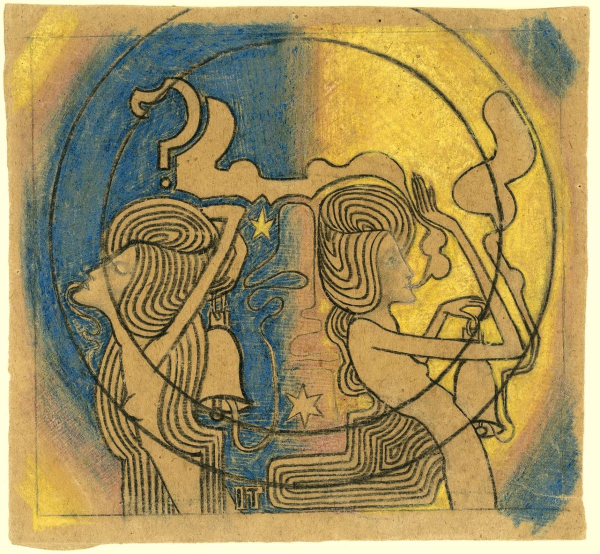 Two stylized female figures with clock in hand, Jan Toorop, 1868 - 1913