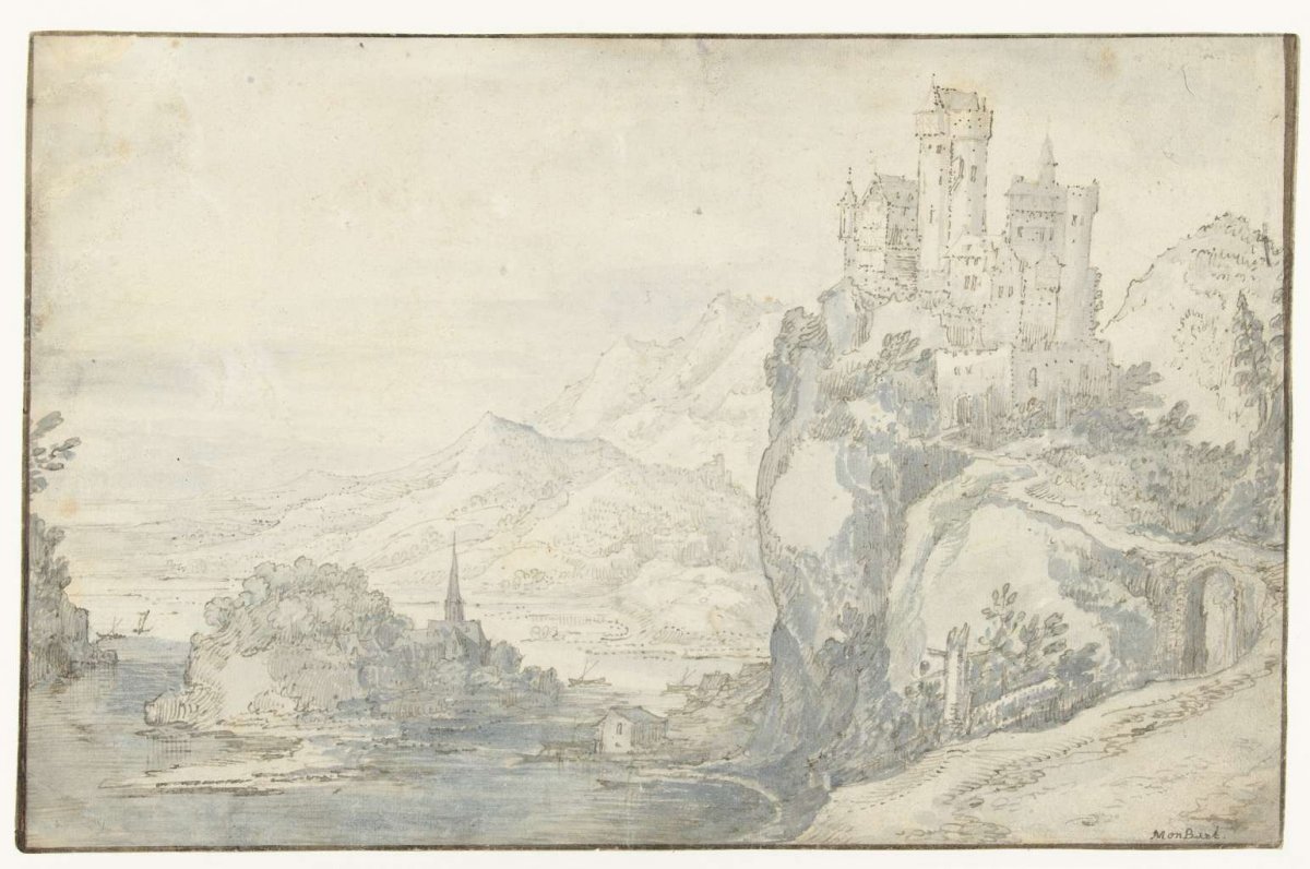 River landscape with a castle on a mountain, Joos de Momper (II), 1574 - 1635