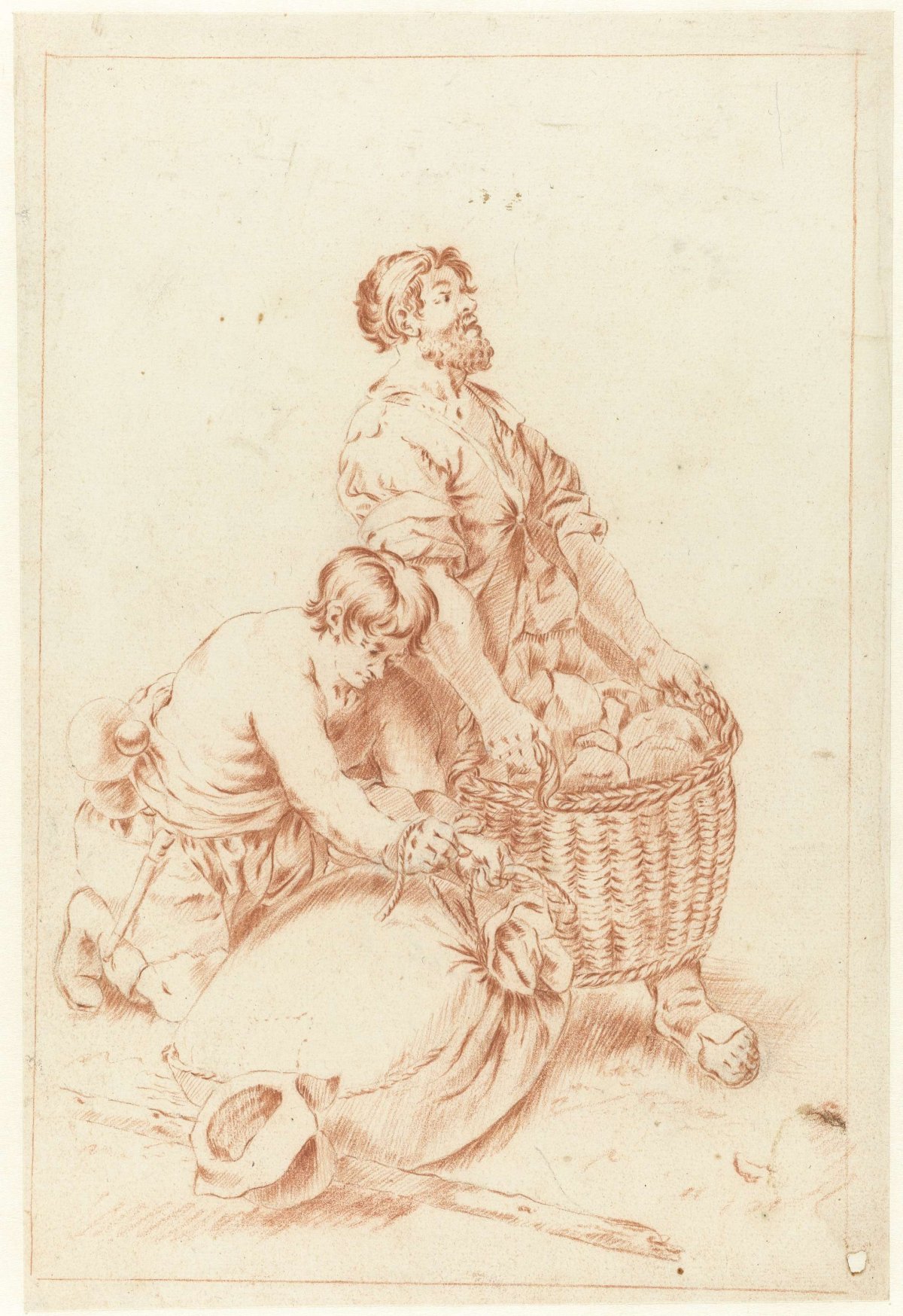 Two men with a basket and a sack, Jan Hoogsaat, 1664 - 1730