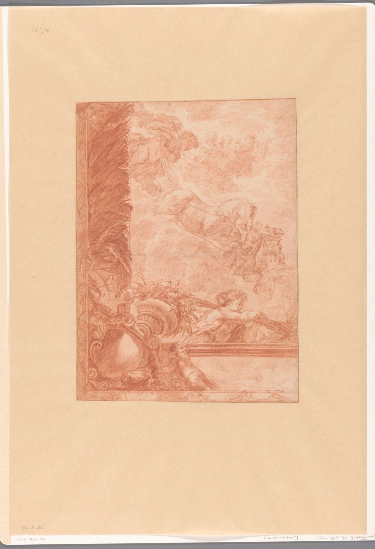 Corner of ceiling with Apollo in his solar car, Jan Hoogsaat, 1664 - 1730