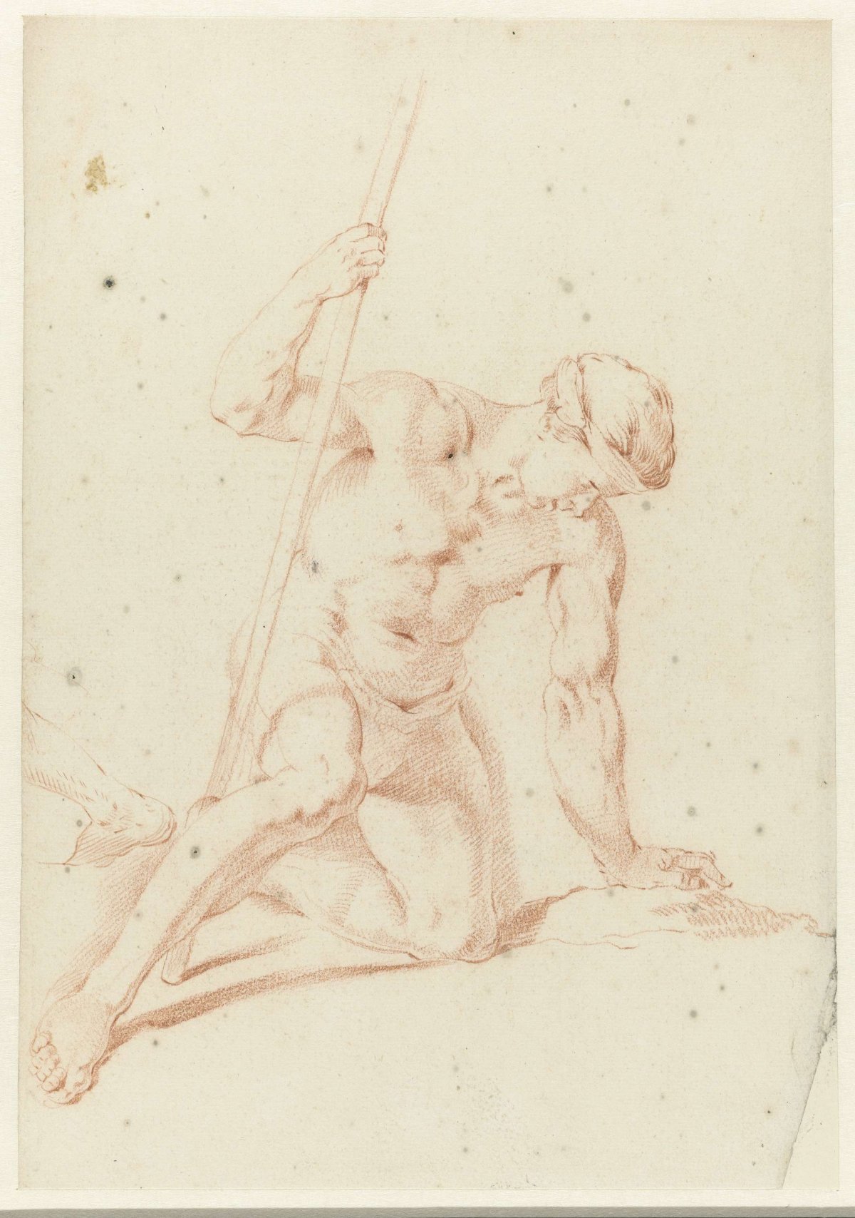 Male nude holding a stick, Jan Hoogsaat, 1664 - 1730