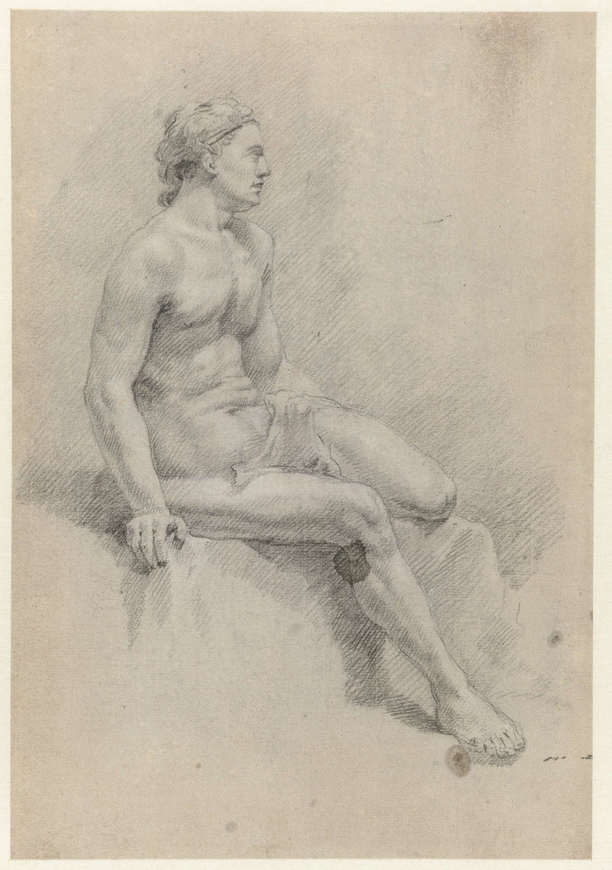 Seated male nude, leaning on one arm, Jan Hoogsaat, 1664 - 1730