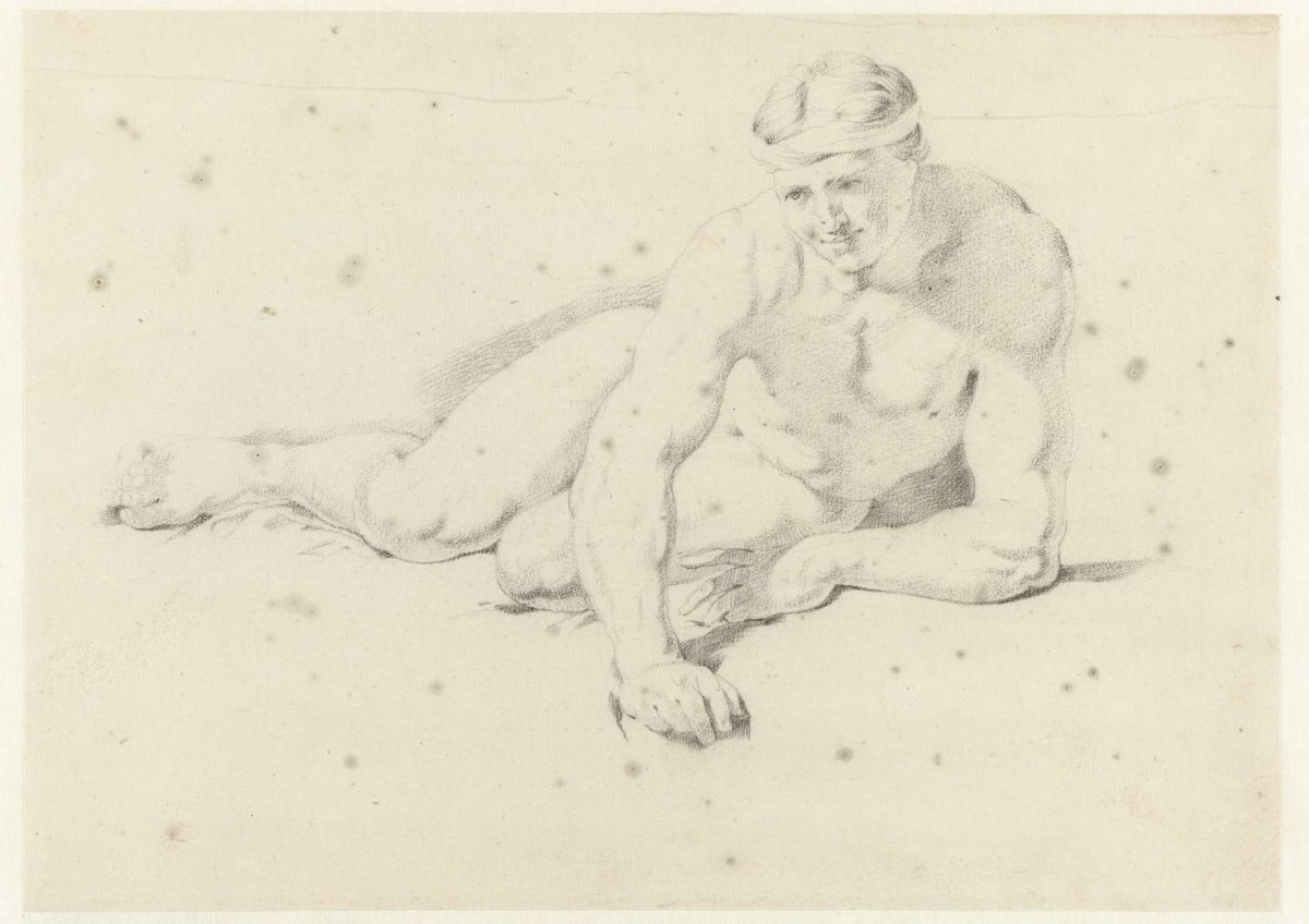 Reclining male nude, facing right and supporting arms, Jan Hoogsaat, 1664 - 1730