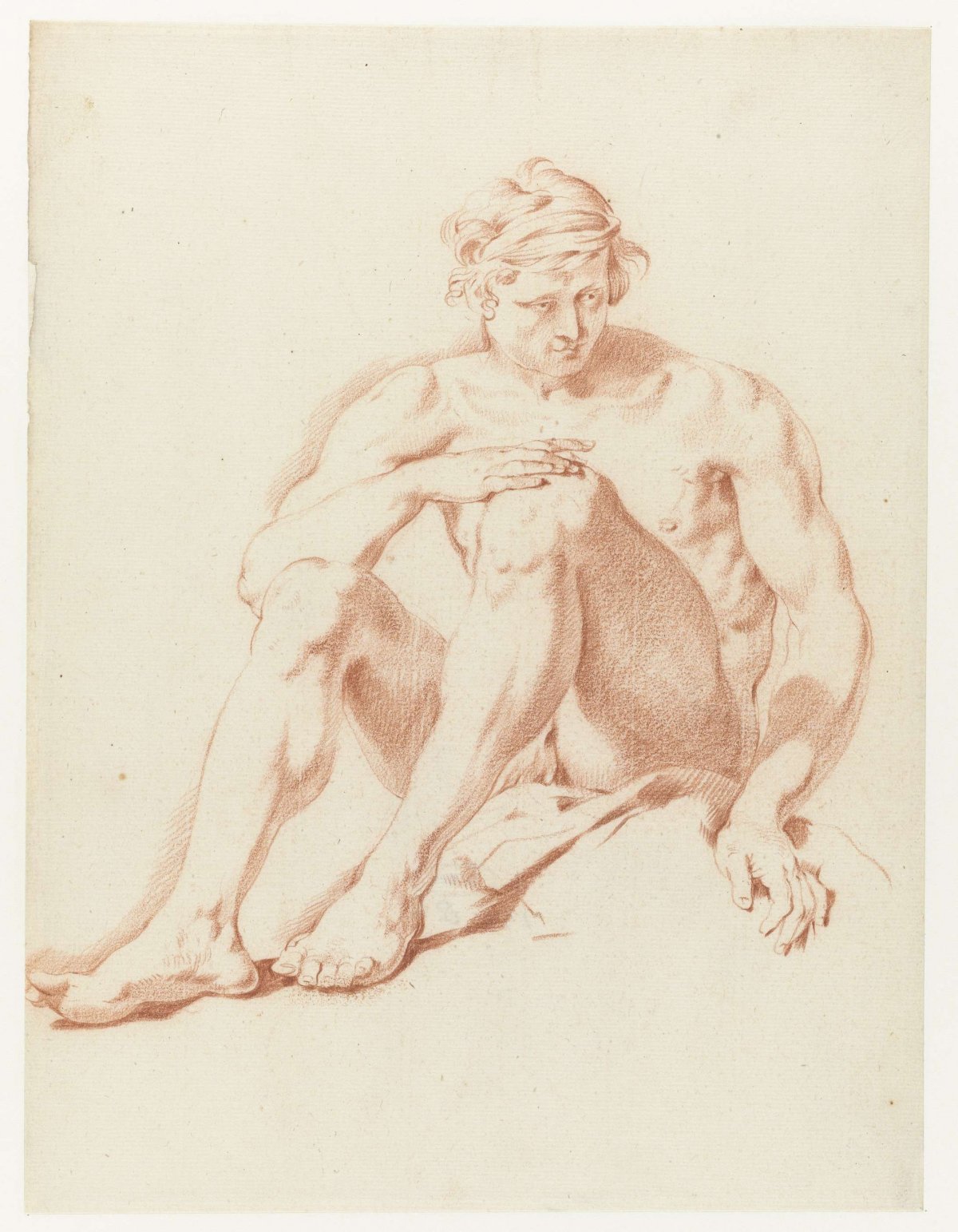 Seated male nude, with legs raised, Jan Hoogsaat, 1664 - 1730