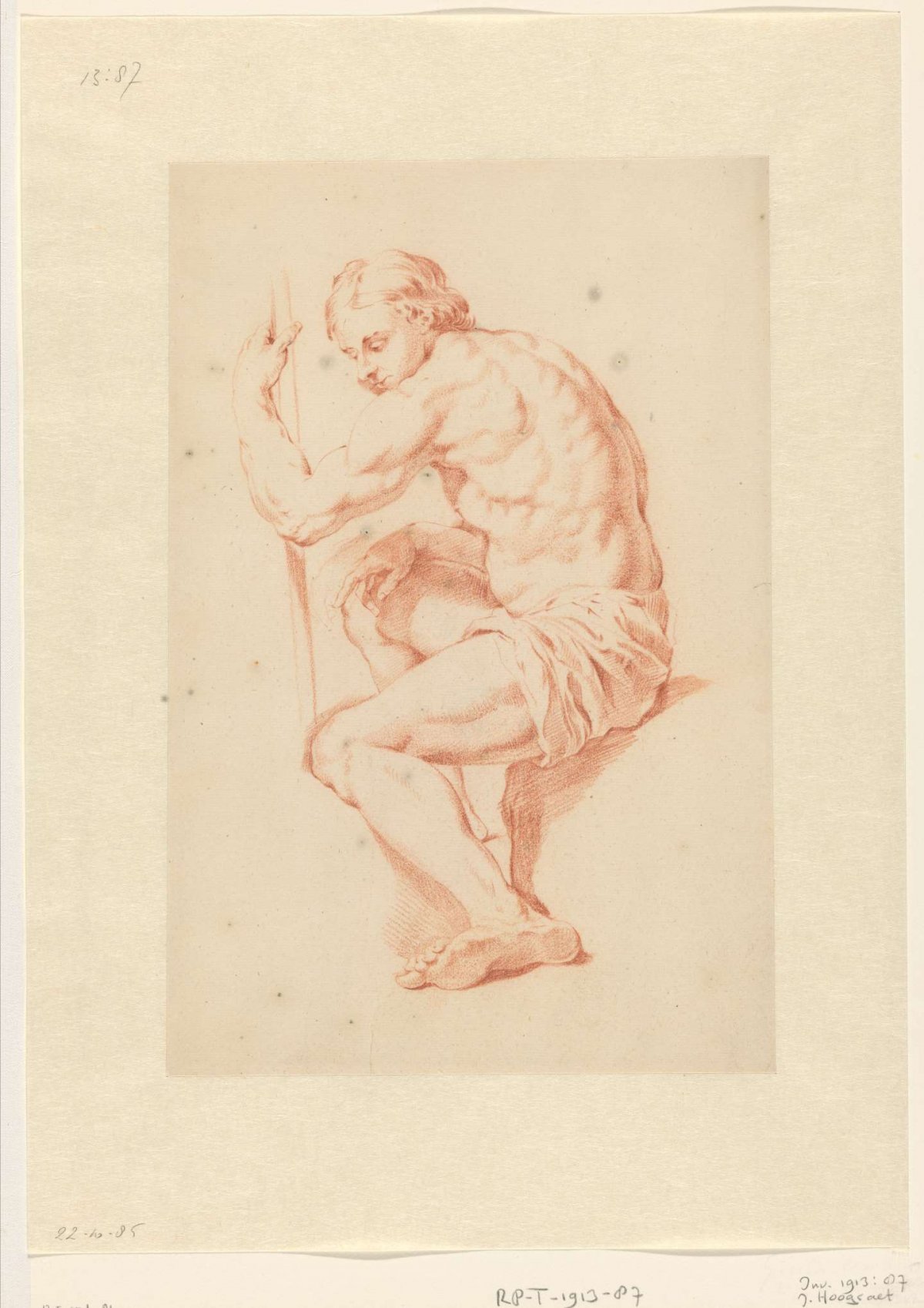 Seated male nude with a cane in hand, Jan Hoogsaat, 1664 - 1730