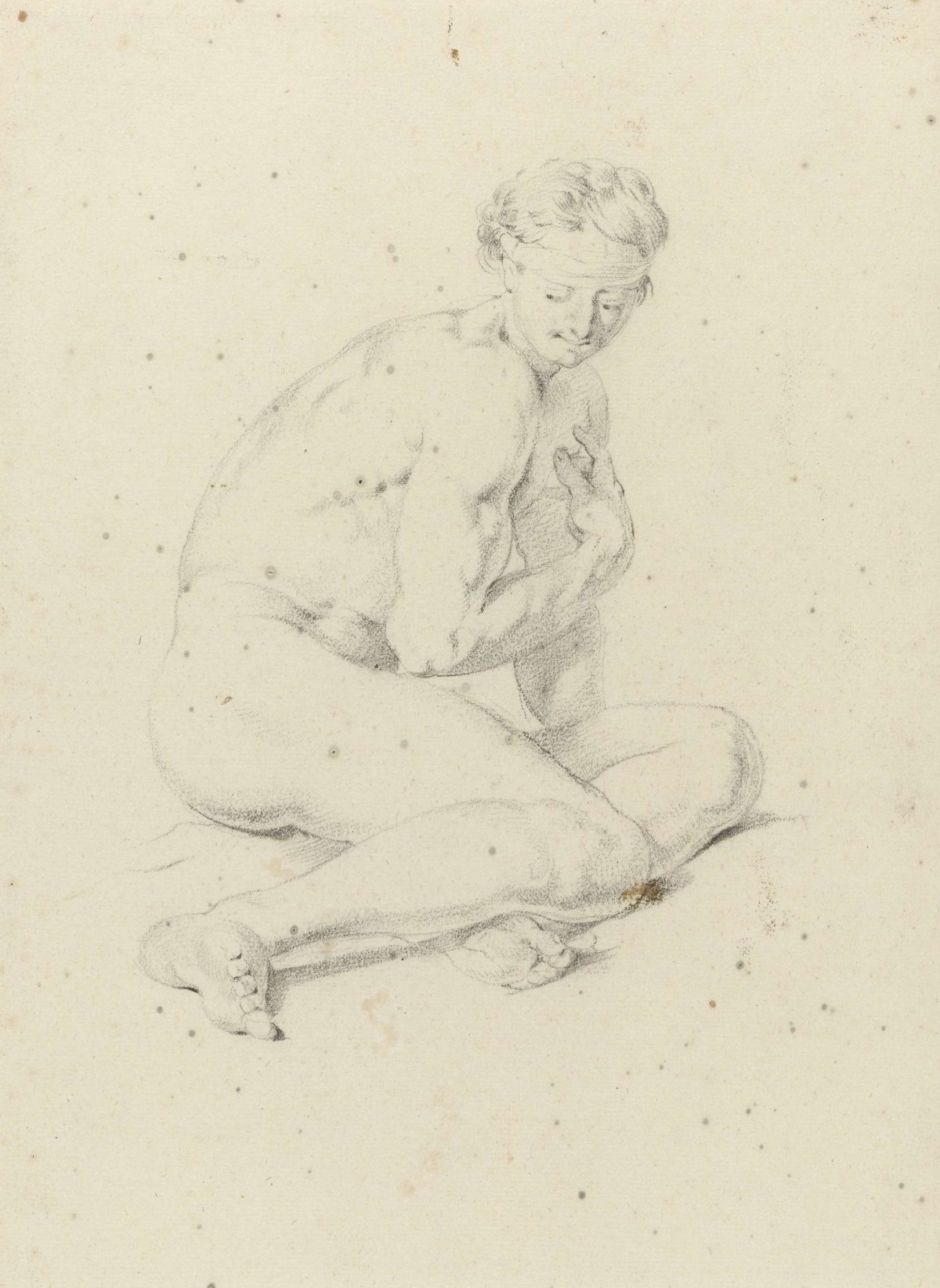 Seated male nude, leaning on one arm, Jan Hoogsaat, 1664 - 1730