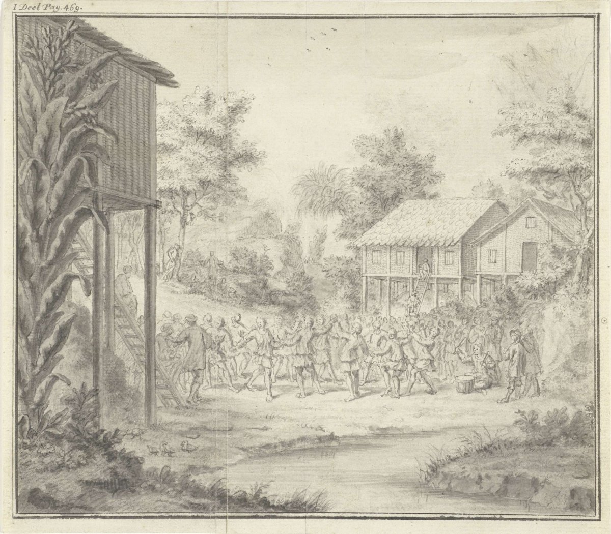 Dancing villagers between houses on stilts, anonymous, 1700 - 1800