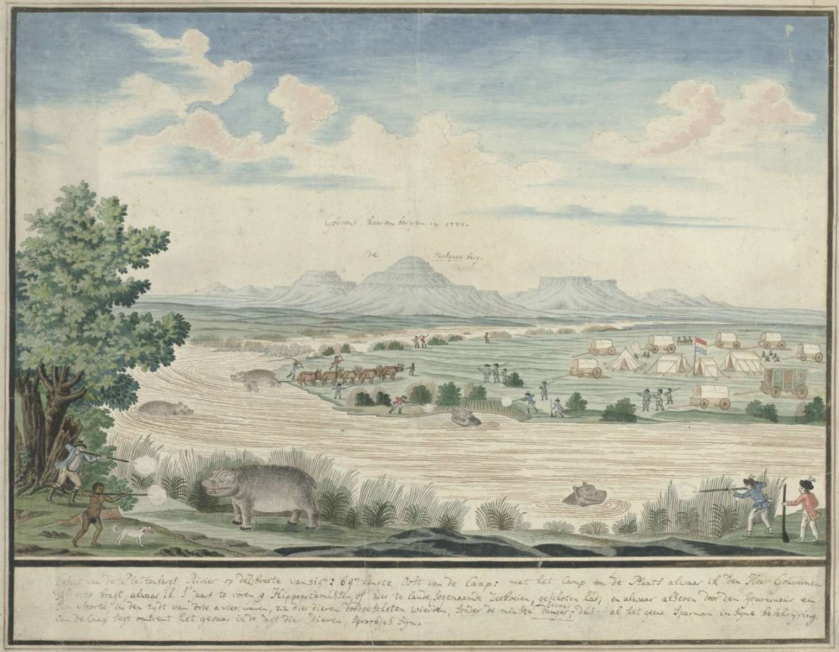 Hippopotamus hunt at the Seekoei River, Robert Jacob Gordon, 1778