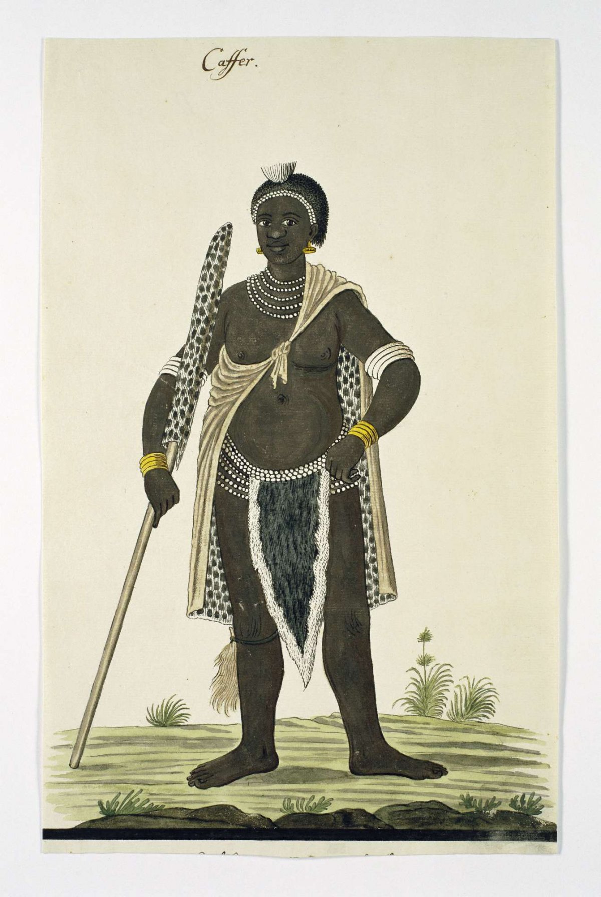 Man, probably of the AmaXhosa, wearing a leopard skin and holding a spear, Robert Jacob Gordon, 1777 - 1786