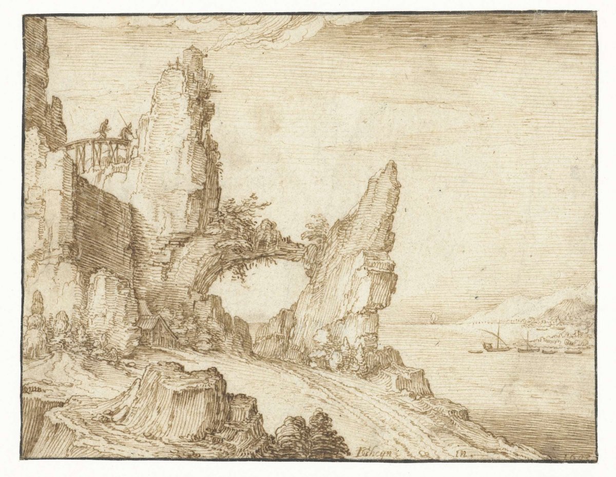 Landscape with steep rock formations along a river, Jacques de Gheyn (II), 1603