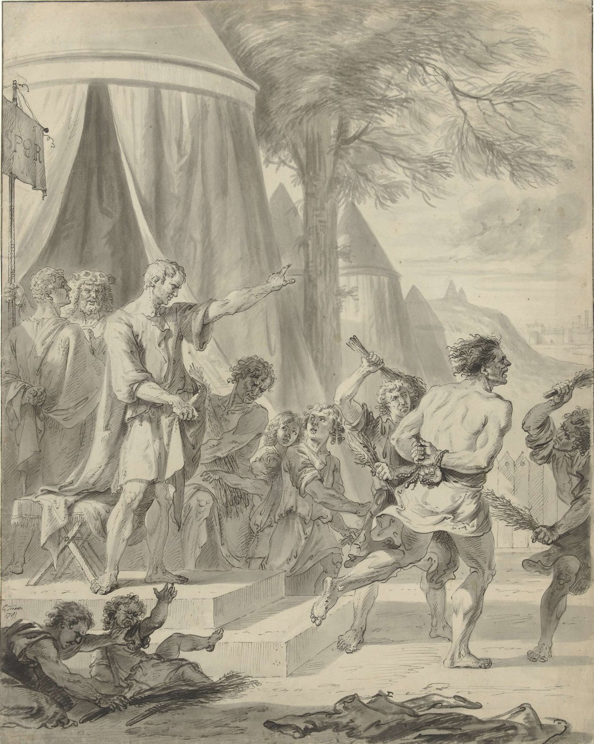 Marcus Furius Camillus has the schoolmaster of the Falerii flogged by his pupils, Cornelis Troost, 1741