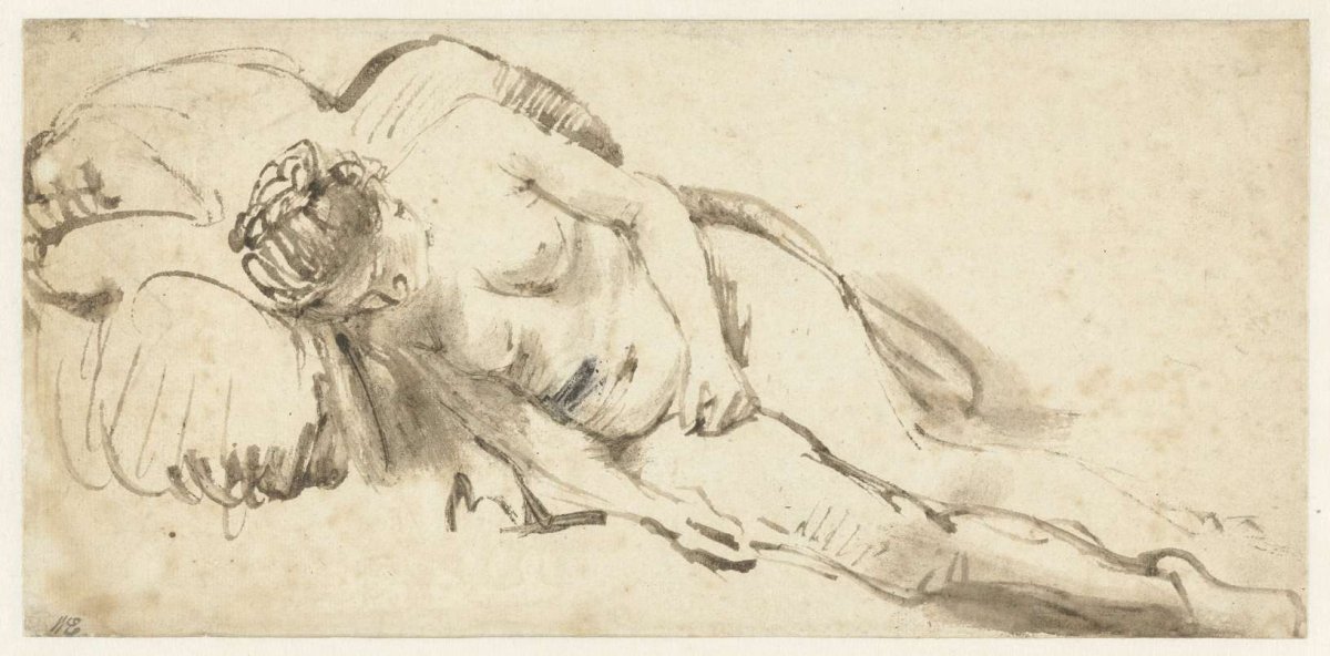 Nude Woman Lying on a Pillow, Rembrandt van Rijn, c. 1661 - c. 1662