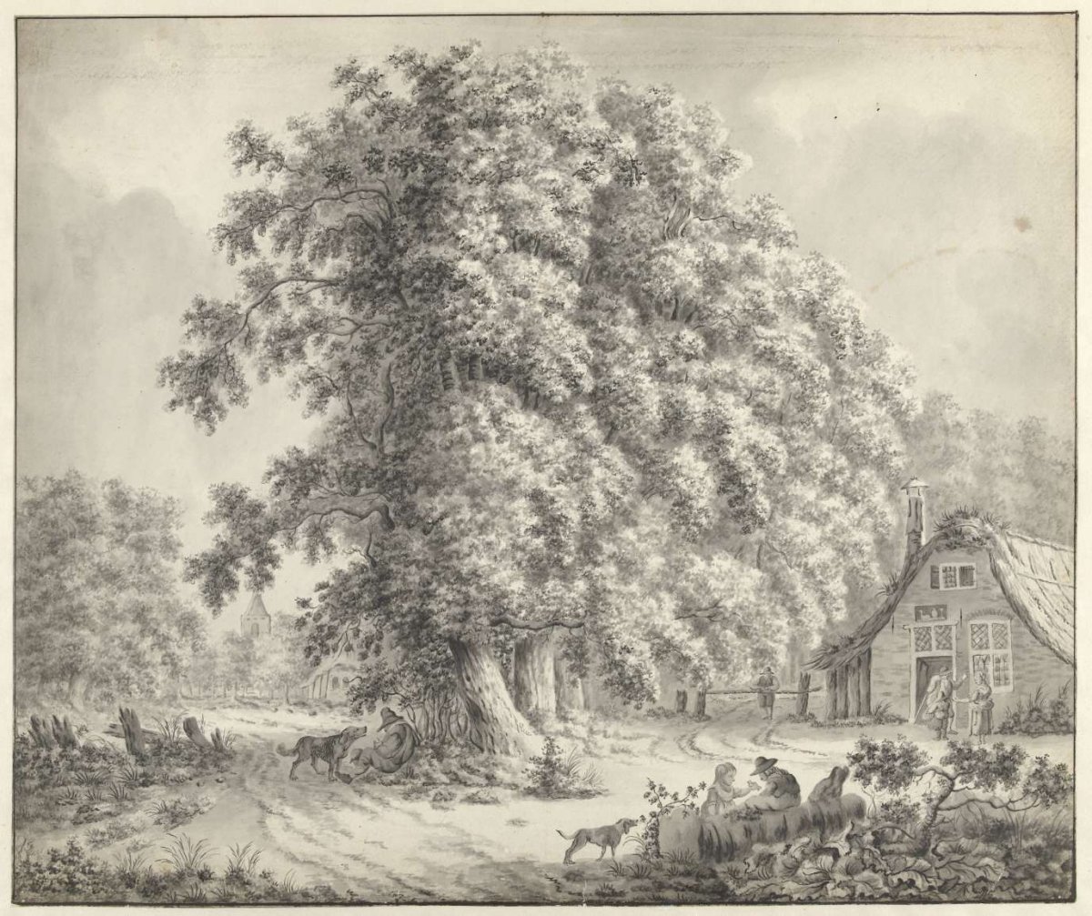 Landscape with persons near a house and two dogs, anonymous, 1700 - 1800