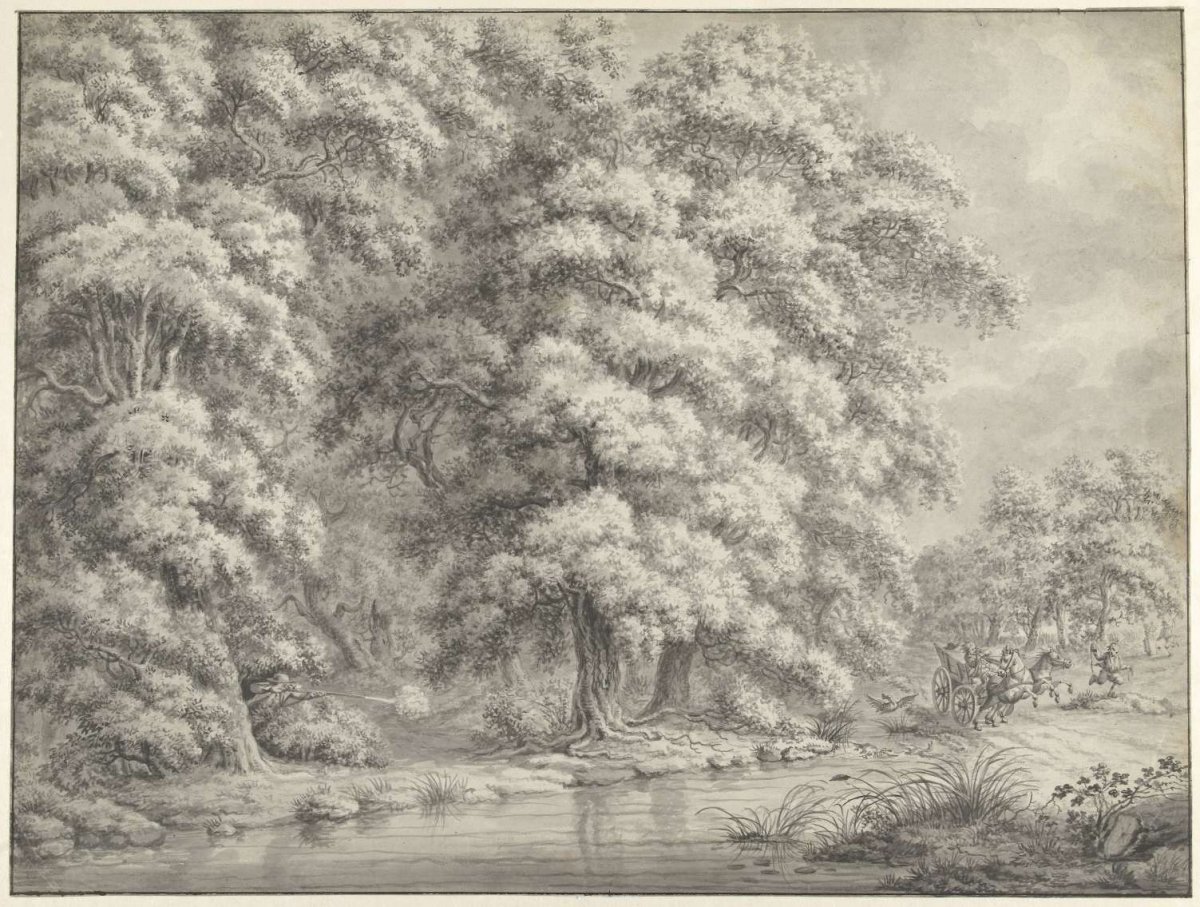 Forest landscape with gunman and runaway wagon, anonymous, 1700 - 1800
