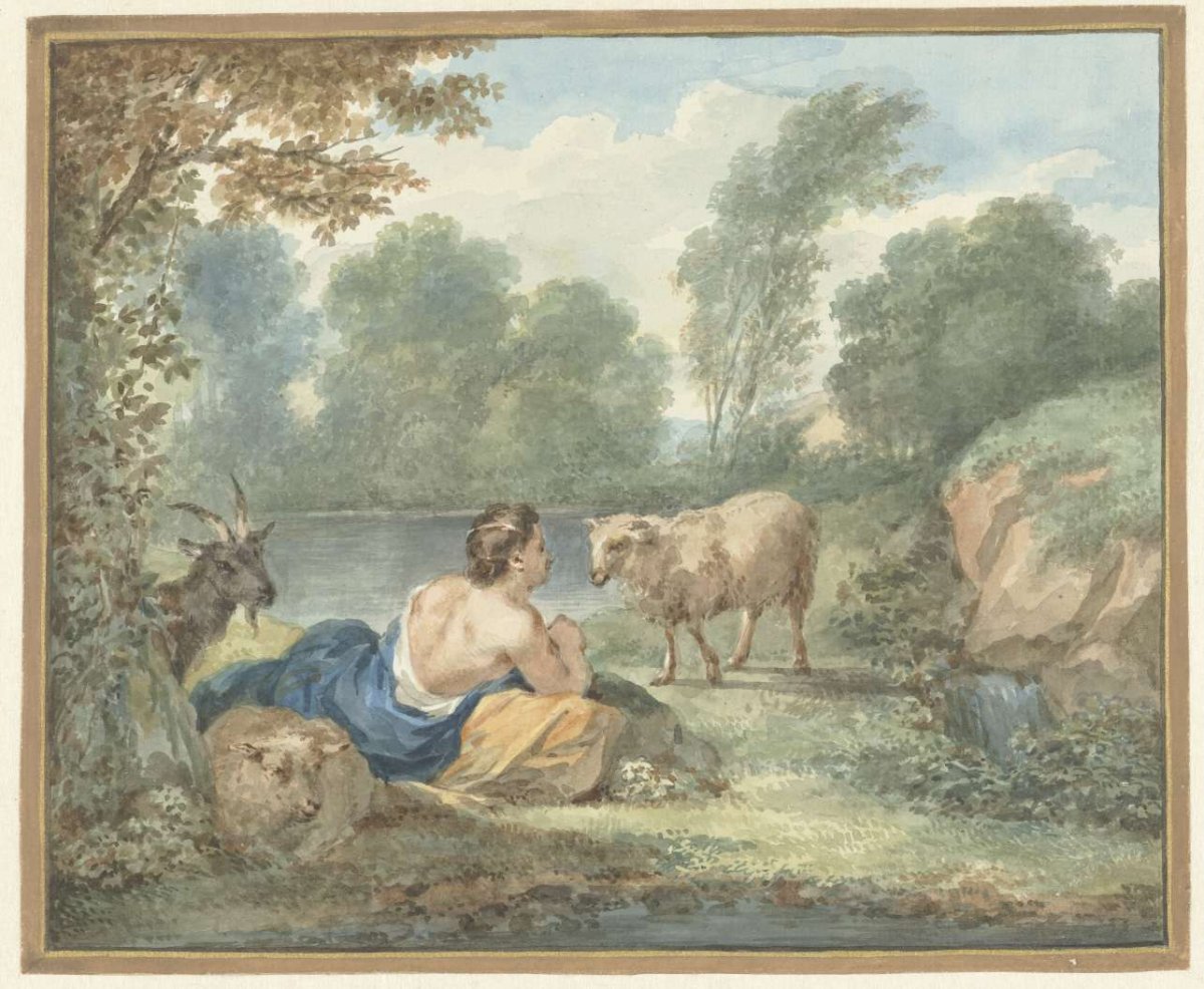 Shepherdess with sheep in a landscape with a small lake, Aert Schouman, 1781