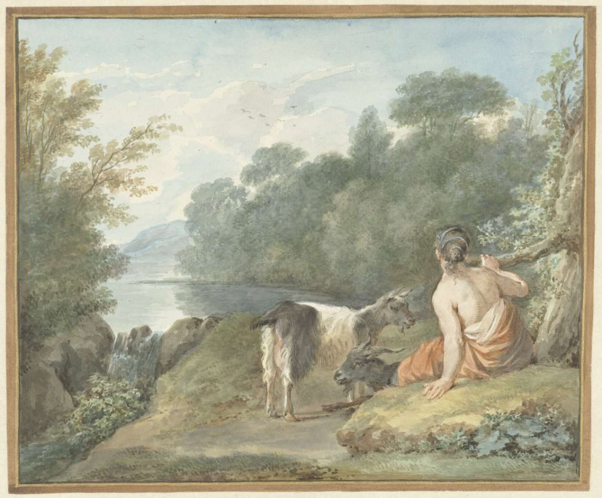 Shepherdess with goats in a landscape with a lake, Aert Schouman, 1781