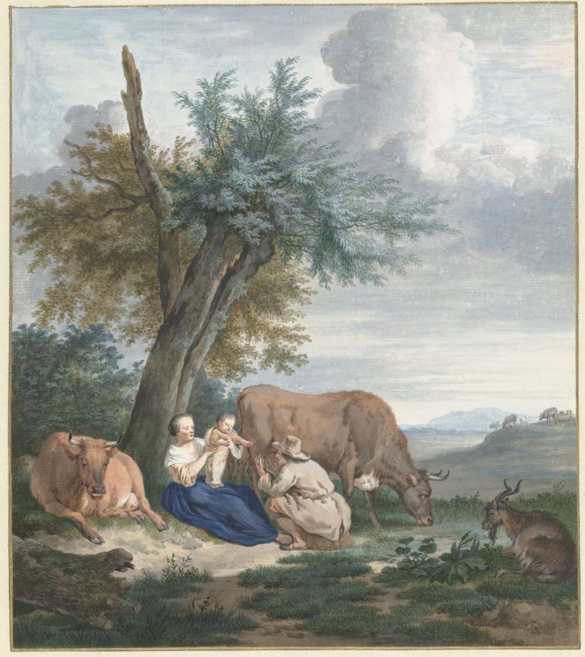 Farmer's wife and farmer with child in a landscape with cattle, Aert Schouman, 1720 - 1792