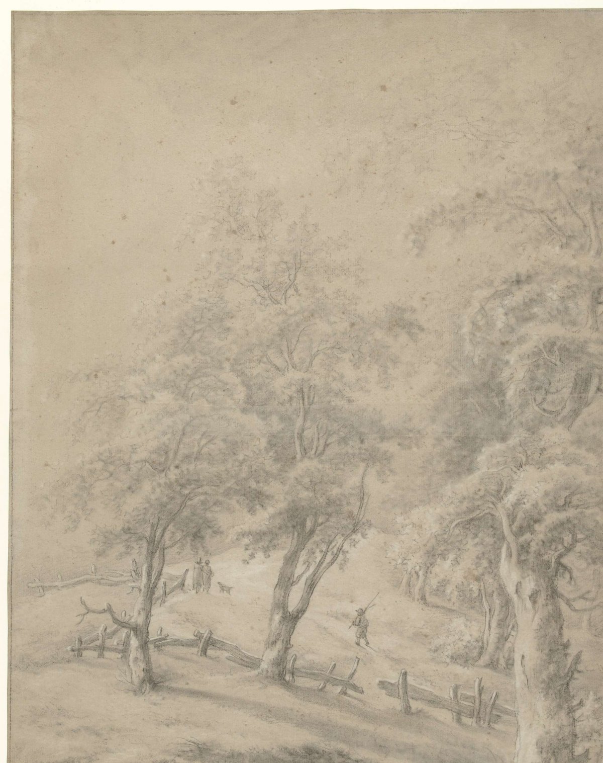 Landscape with several figures on a road behind a fence, anonymous, 1700 - 1800