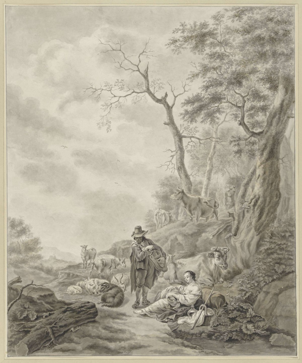 Landscape with lyre man with shepherdess and cattle, Abraham Delfos, 1741 - 1820