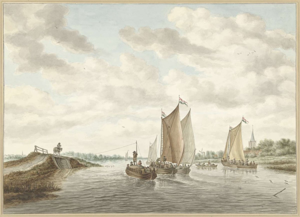River landscape with several barges, Abraham Delfos, 1741 - 1820
