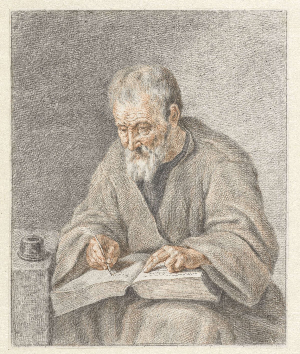 Oude man, schrijvend in boek, Abraham Delfos, 1777