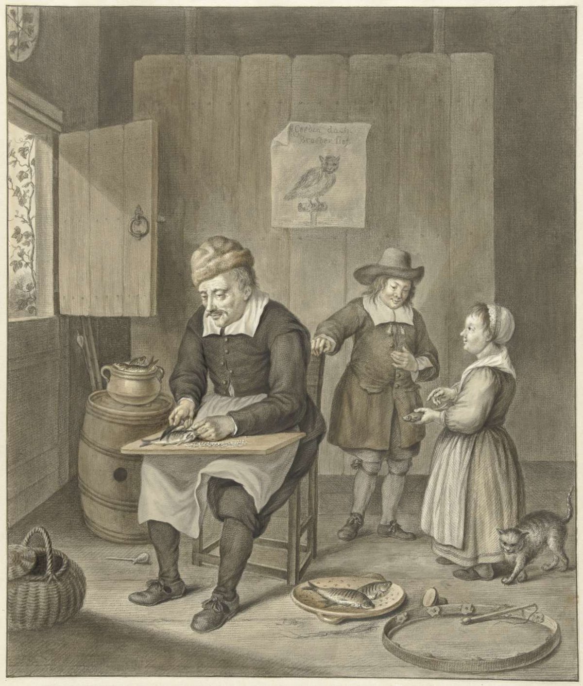 Interior with man cleaning fish and two children, Abraham Delfos, 1741 - 1820