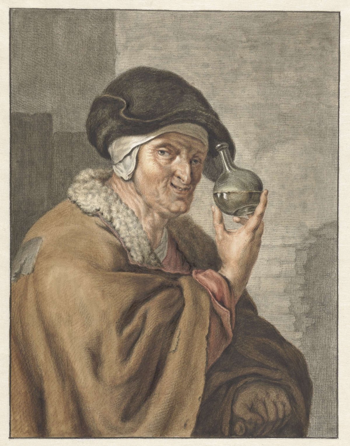 Old woman with a urine glass, Abraham Delfos, 1741 - 1820