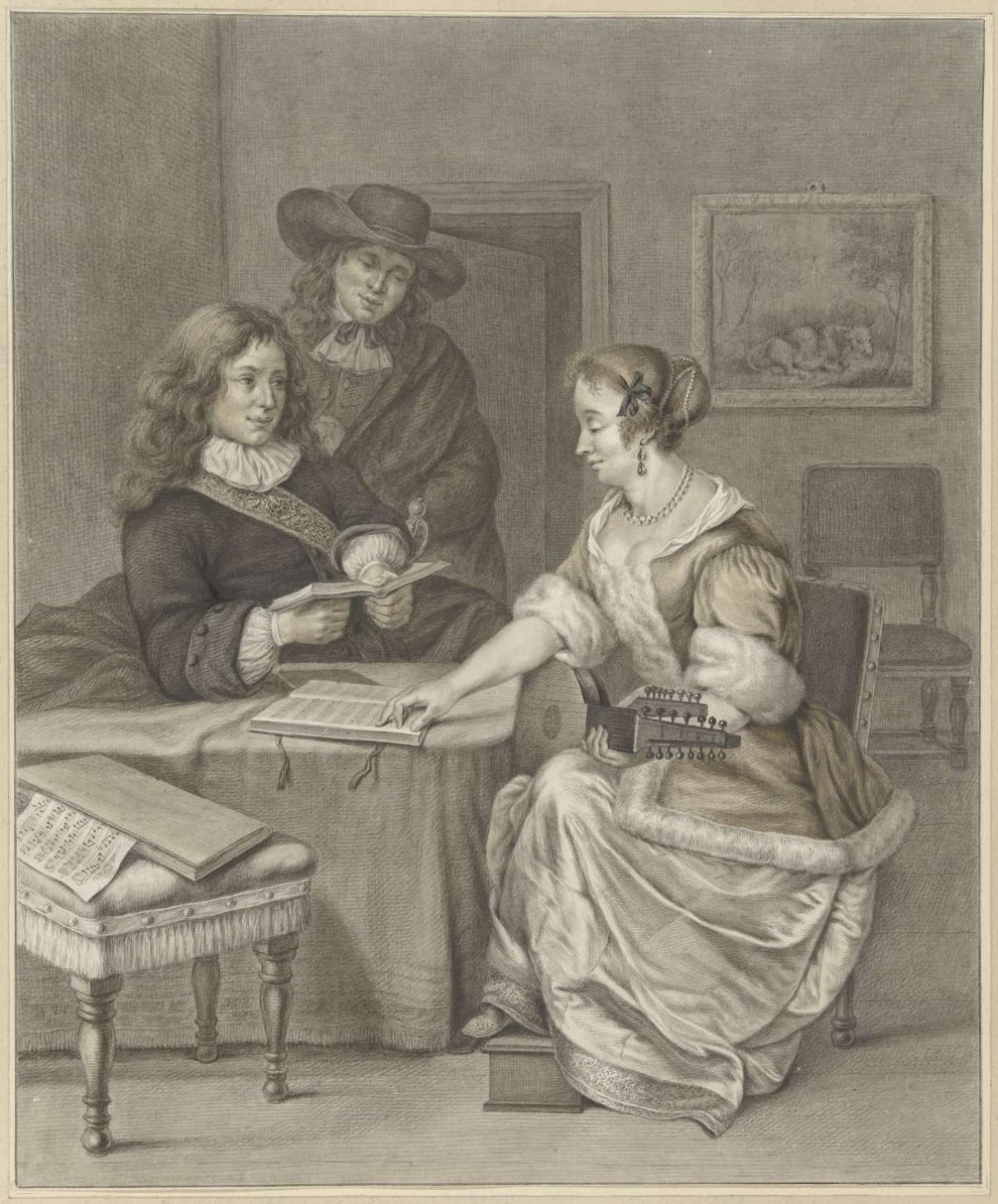 Couple making music, a man looks on, Abraham Delfos, 1741 - 1820
