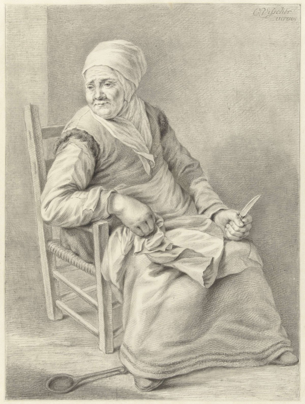 Seated woman with knife, Abraham Delfos, 1741 - 1820